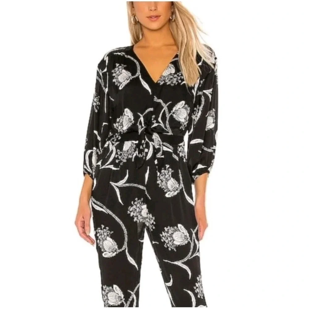 Joie Shaila Floral Balloon‎ Sleeve Jumpsuit Black Silk Womens M Casual Formal
